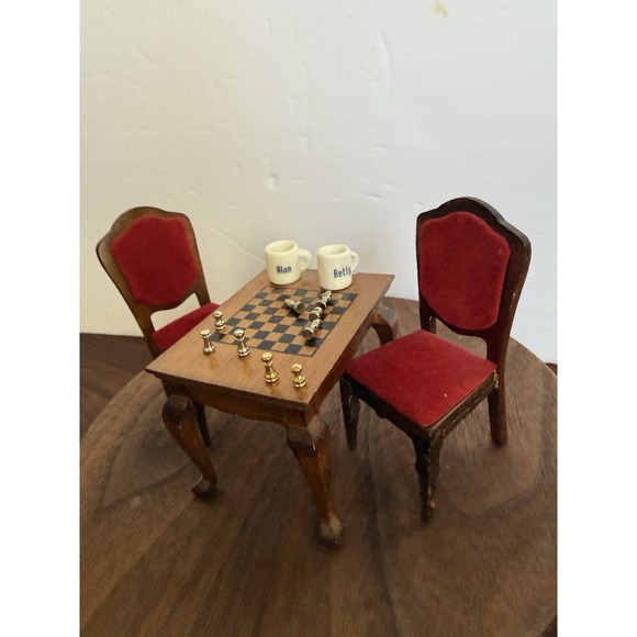 Dollhouse Lot Chess Set Board Marquetry Game Table Chairs Miniature 1:12 Vintage - Picture 4 of 5